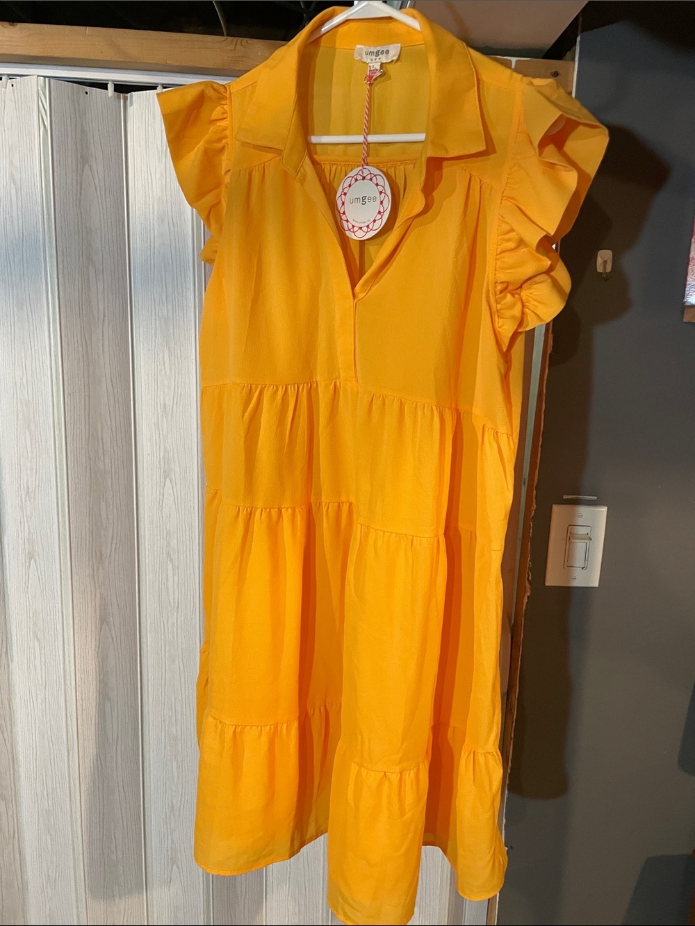 Umgee Bright Yellow Ruffle Sleeve Tiered Casual Dress